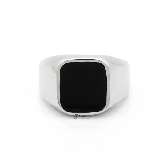 Black square flat top stainless steel signet ring by Glitters, showcasing a sleek silver finish and bold geometric design.