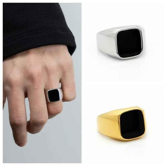 Black square flat top stainless steel signet ring by Glitters, showcasing a sleek silver finish with bold, modern design.