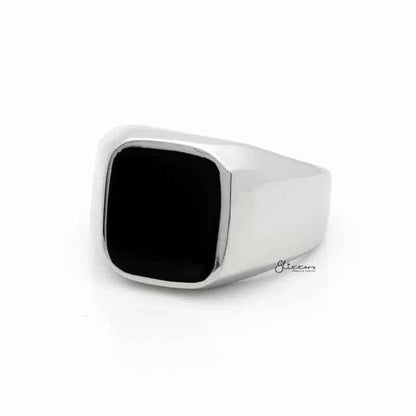 Black square flat top stainless steel signet ring by Glitters, sleek silver design with a bold, modern look.