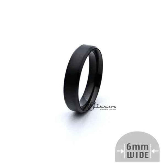 Black titanium ion-plated stainless steel 6mm wide beveled edge band ring from Glitters, showcasing a sleek, polished design.
