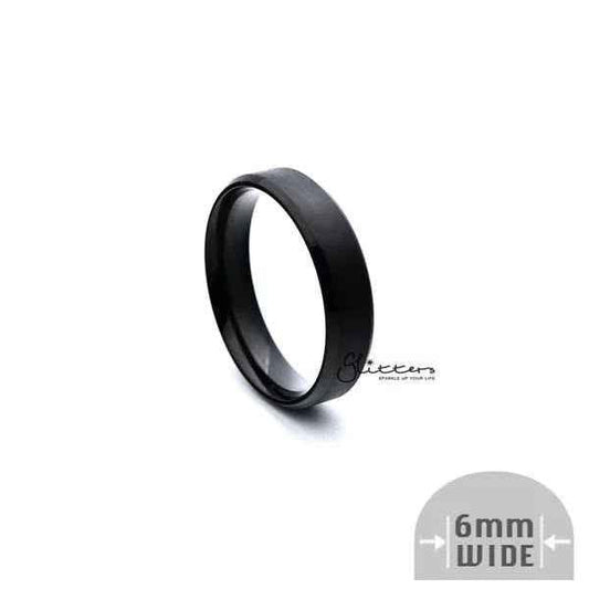 Black titanium ion-plated stainless steel 6mm wide beveled edge band ring by Glitters, showcasing a sleek, polished finish.