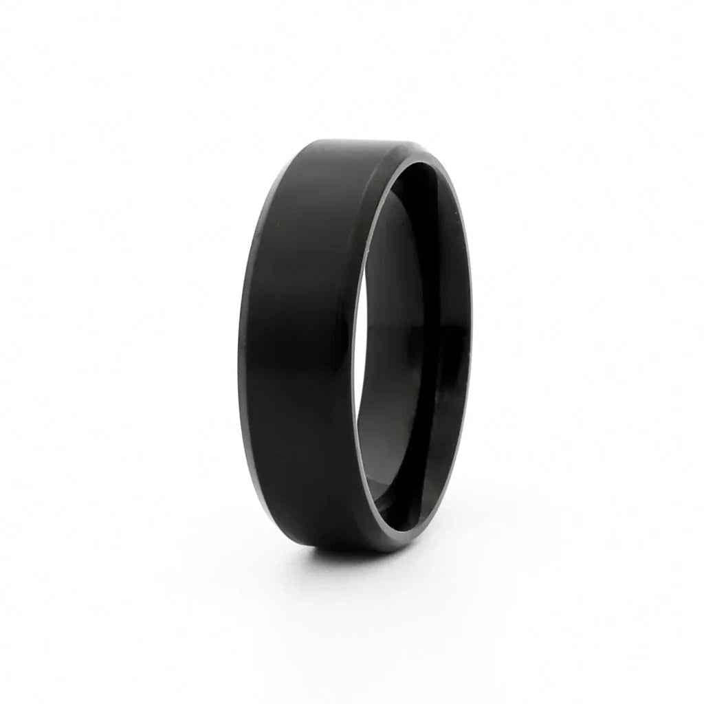 Black titanium ion-plated stainless steel 8mm wide beveled edge band ring from Glitters, showcasing sleek, polished design.