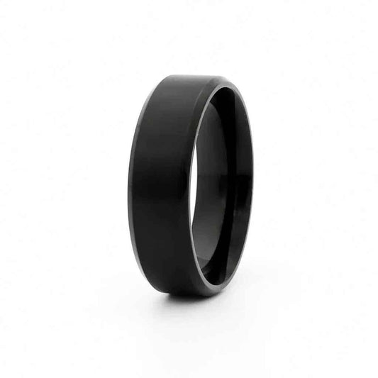 Black titanium ion-plated stainless steel 8mm wide beveled edge band ring from Glitters, showcasing sleek, polished design.