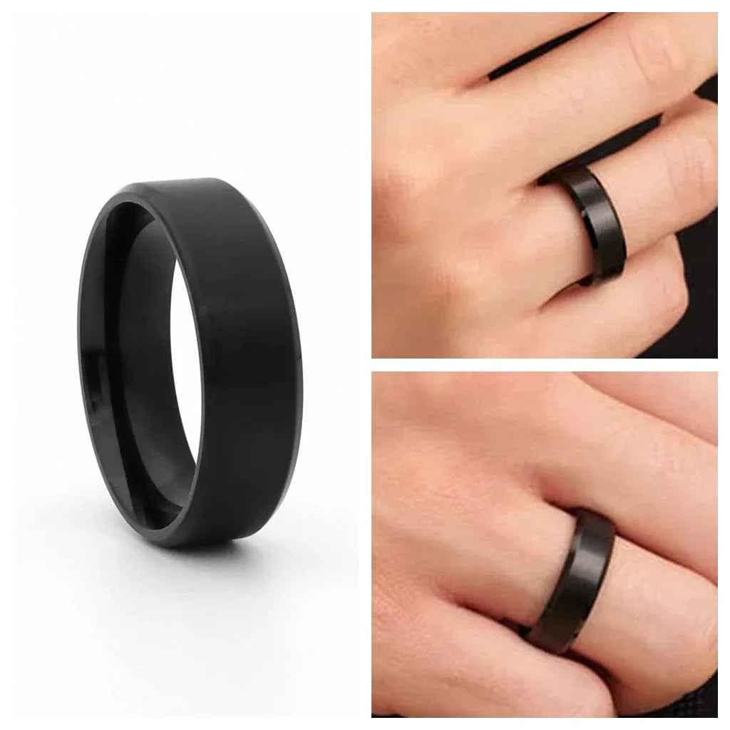 Black titanium ion-plated stainless steel 8mm wide beveled edge band ring from Glitters, showcasing its sleek design.