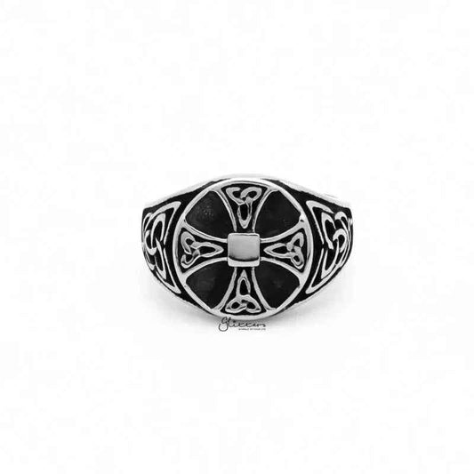 Stainless steel Celtic Cross ring with Celtic knot symbols, featuring detailed engraved designs on a sleek band.