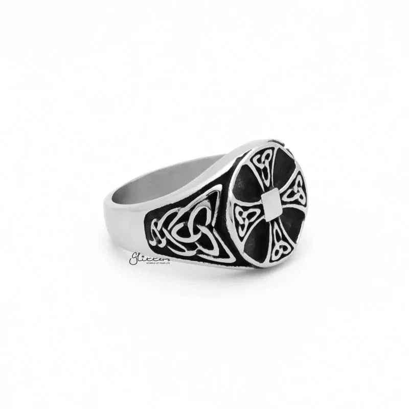 Celtic Cross stainless steel ring with Celtic knot symbols, featuring intricate metal design and symbolic engravings.