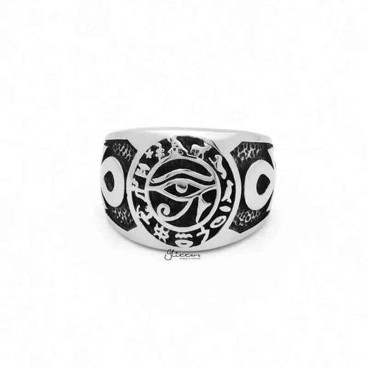 Egyptian Eye stainless steel ring with Ankh symbols, featuring detailed design and polished finish, by Glitters.