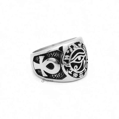 Egyptian Eye stainless steel ring with Ankh symbols, featuring detailed Egyptian-inspired designs on a sleek band.