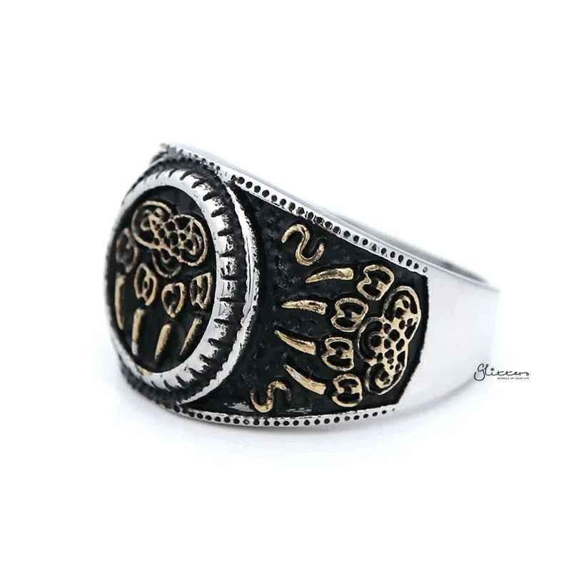 Gold claws on black circle stainless steel men's ring with two-tone finish, stylish and bold jewelry by Glitters.