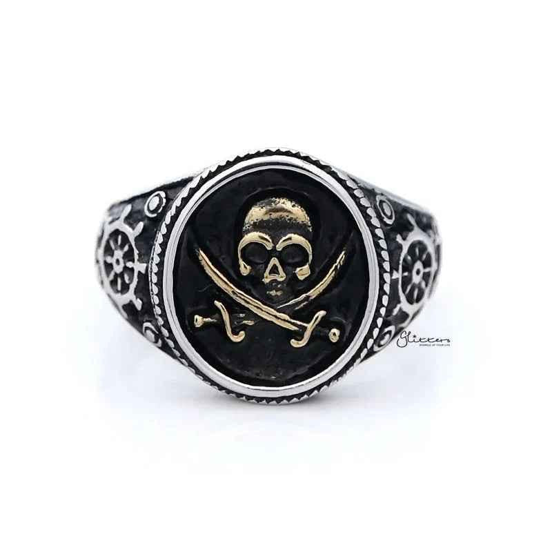 Gold pirate skull and crossbones swords stainless steel men's ring with intricate design, crafted by Glitters.