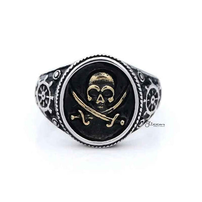 Gold pirate skull and crossbones swords stainless steel men's ring with intricate design, crafted by Glitters.