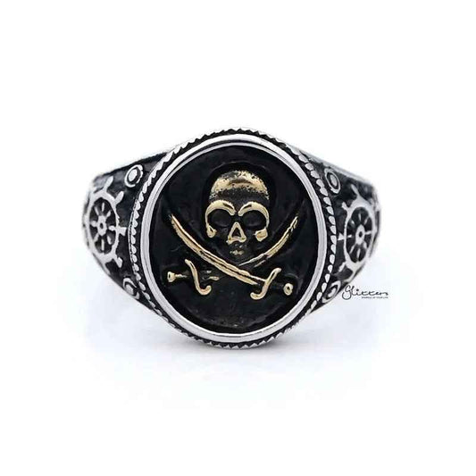 Gold pirate skull and crossbones swords stainless steel men's ring with intricate design, crafted by Glitters.