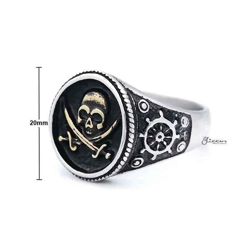 Gold Pirate Skull Crossbones Swords stainless steel men's ring with skull and sword details, detailed jewelry by Glitters