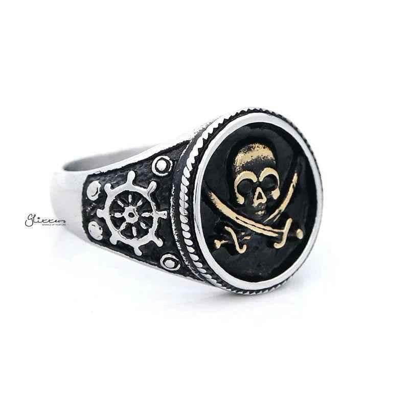 Gold pirate skull and crossbones swords stainless steel men's ring by Glitters featuring detailed pirate-themed design.
