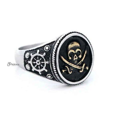 Gold pirate skull and crossbones swords stainless steel men's ring by Glitters featuring detailed pirate-themed design.