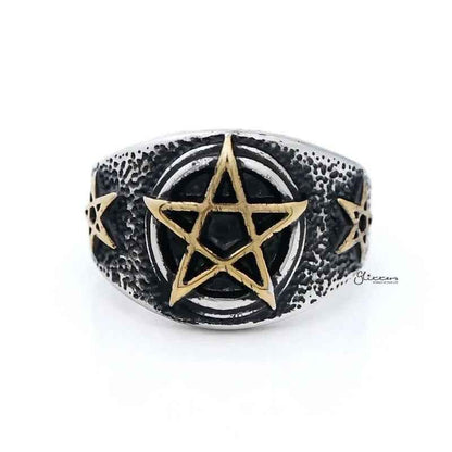 Stainless steel men's ring with gold star symbol, from Glitters, featuring a sleek design and polished finish.