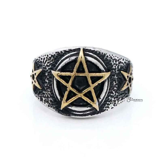 Stainless steel men's ring with gold star symbol, from Glitters, featuring a sleek design and polished finish.