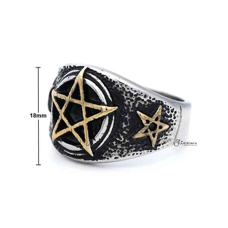 Stainless steel men's ring by Glitters featuring a gold star symbol design, sleek and modern jewelry accessory.