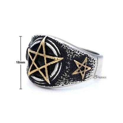 Stainless steel men's ring by Glitters featuring a gold star symbol design, sleek and modern jewelry accessory.