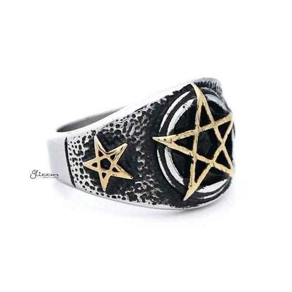 Gold star symbol stainless steel men's ring by Glitters, featuring a polished stainless steel band with a gold star design.