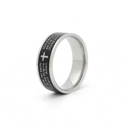 Stainless steel spinner band ring with Lord's Prayer engraving by Glitters, featuring a smooth, polished finish.