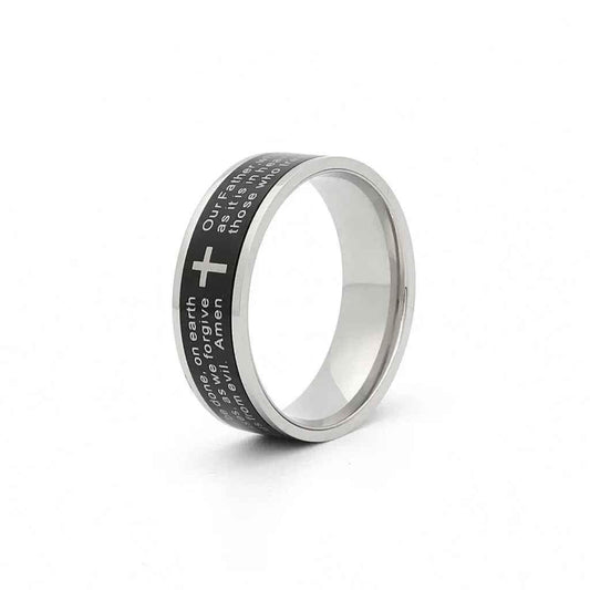 Stainless steel spinner band ring with Lord's Prayer engraving by Glitters, featuring a smooth, polished finish.