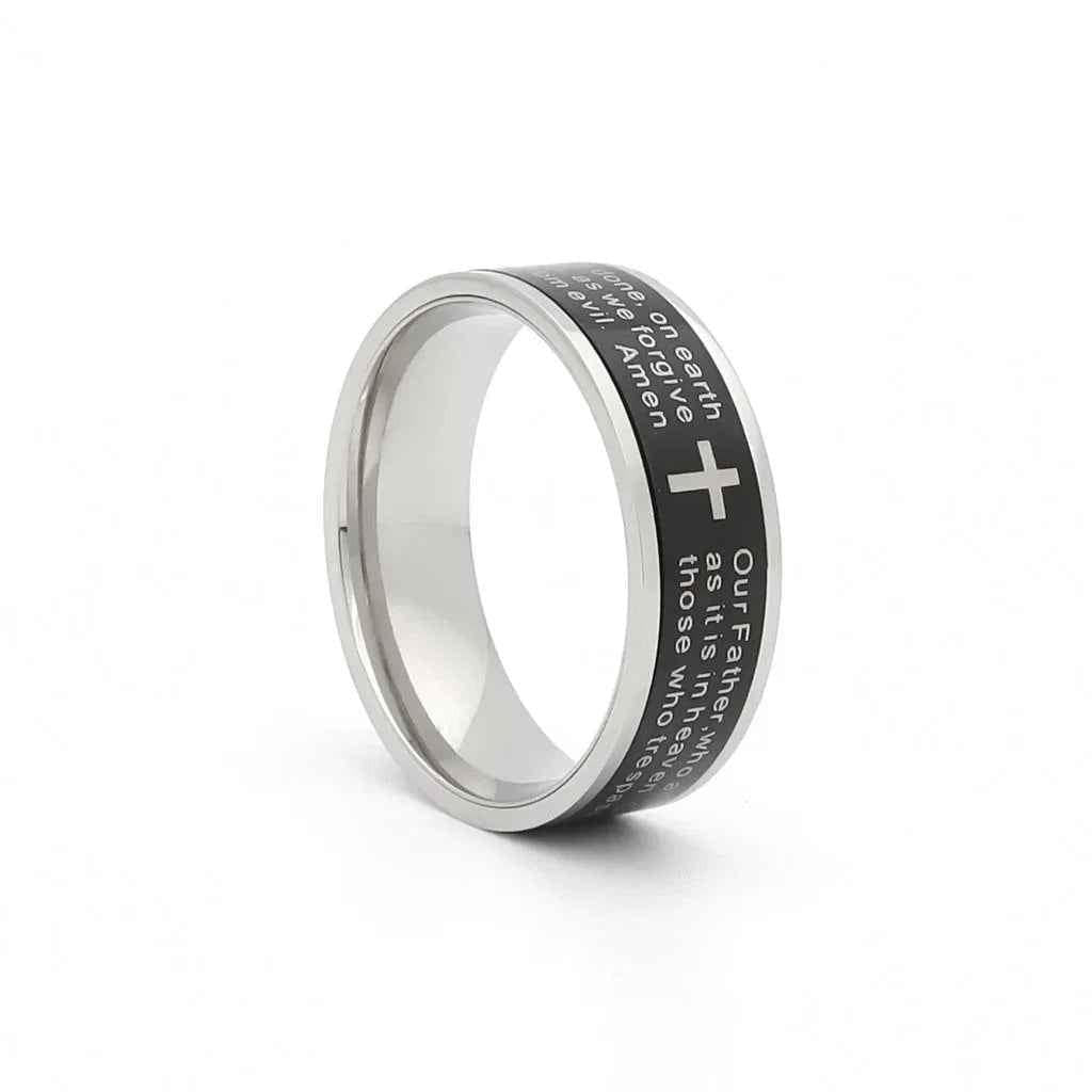 Stainless steel spinner band ring featuring the Lord's Prayer engraved, by Glitters, with a sleek, polished finish.
