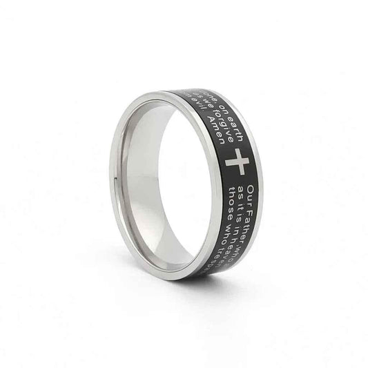 Stainless steel spinner band ring featuring the Lord's Prayer engraved, by Glitters, with a sleek, polished finish.