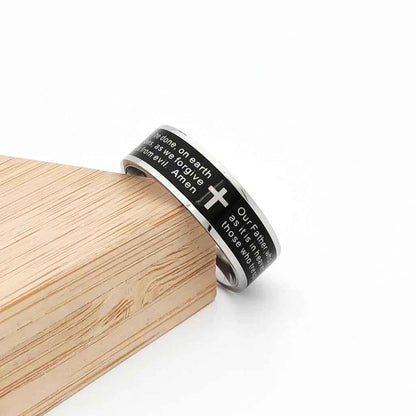 Stainless steel spinner band ring featuring the Lord's Prayer engraved, by Glitters, with a smooth, polished finish.