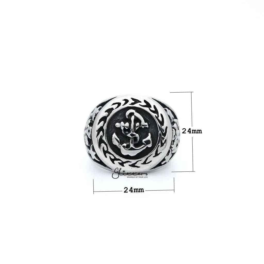 Men's antiqued stainless steel anchor casting rings by Glitters, showcasing rugged, textured steel rings on a neutral background.