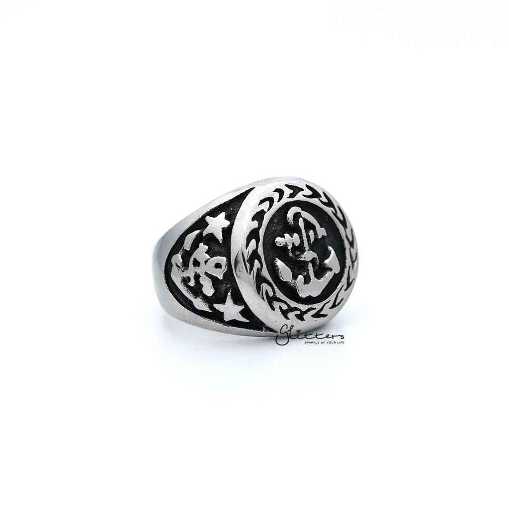 Men's antiqued stainless steel anchor casting rings by Glitters, featuring rugged, industrial-style stainless steel jewelry.