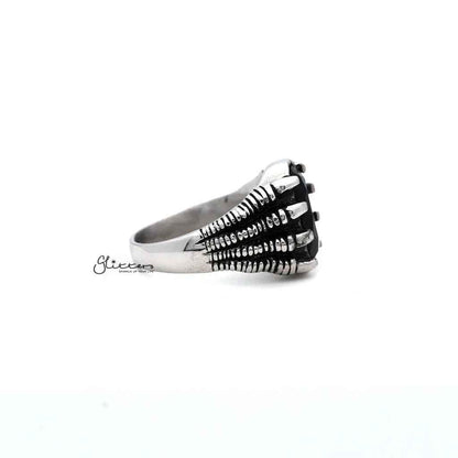 Men's antiqued stainless steel claw ring with black CZ stone, cast by Glitters, showcasing a bold, stylish jewelry design.