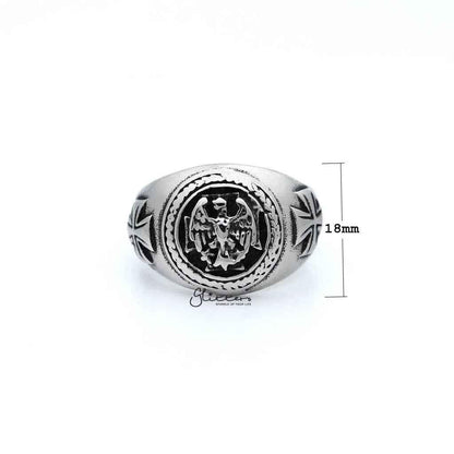 Men's antiqued stainless steel eagle casting rings by Glitters, featuring detailed eagle design on durable stainless steel band.