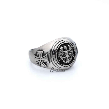 Men's antiqued stainless steel eagle casting rings by Glitters, featuring detailed eagle design and rugged finish.