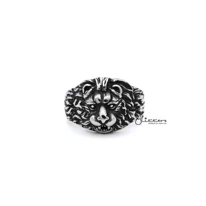 Men's Gothic lion heart casting rings made of antiqued stainless steel by Glitters, featuring intricate gothic design details.