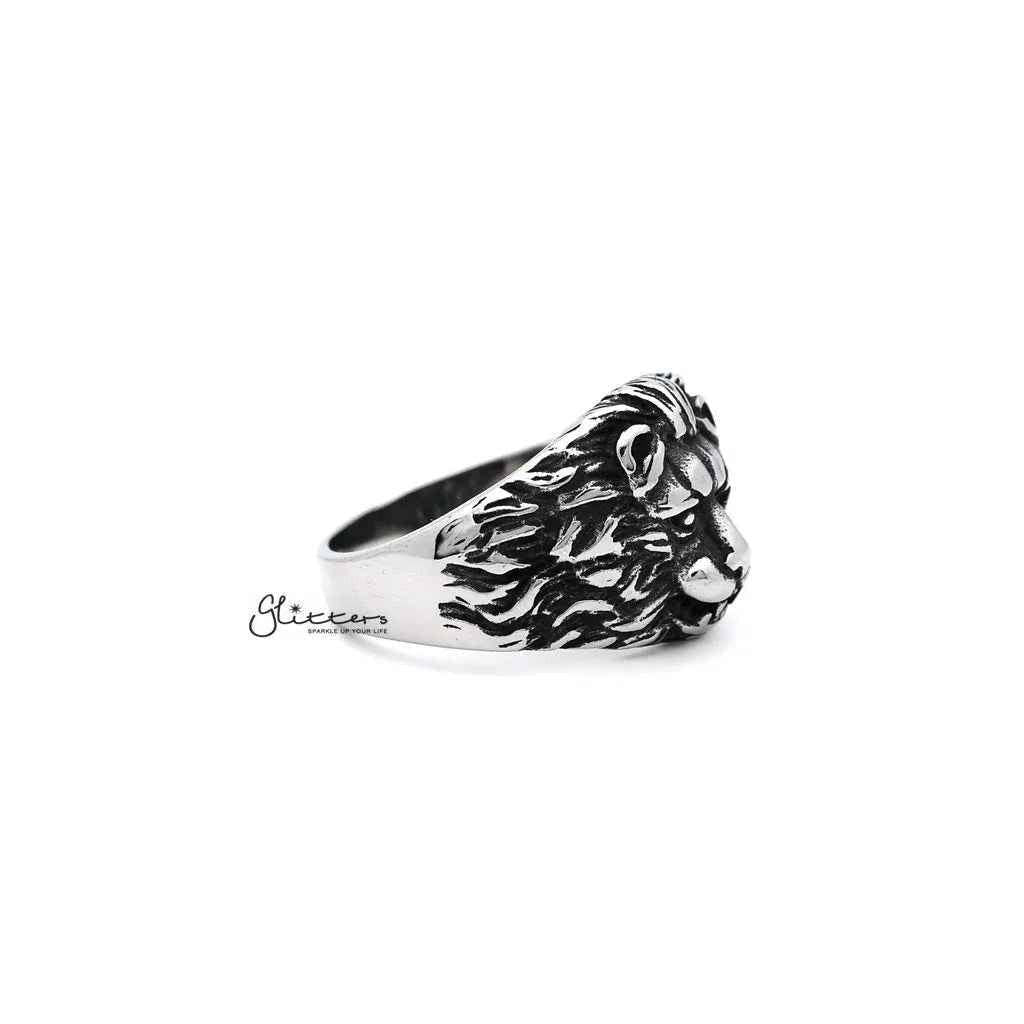 Men's antiqued stainless steel gothic lion heart casting ring with intricate lion and heart design by Glitters.