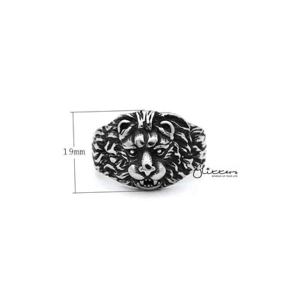 Men's antiqued stainless steel Gothic lion heart casting ring with detailed lion design, crafted by Glitters.