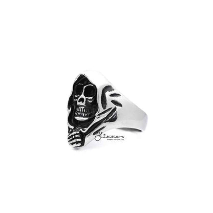 Men's antiqued stainless steel Grimm Ripper skeleton skull casting rings by Glitters, featuring detailed skull and bone design.