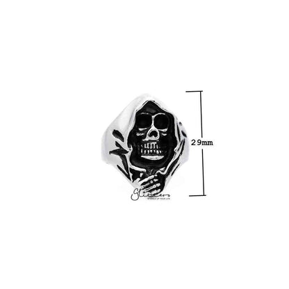 Men's antiqued stainless steel Grimm Ripper skeleton skull casting rings by Glitters, featuring detailed skull and skeleton design.
