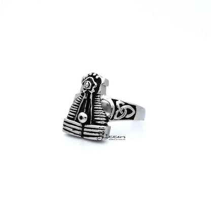 Men's antiqued stainless steel motorcycle engine casting rings by Glitters, featuring rugged, vintage-inspired design.