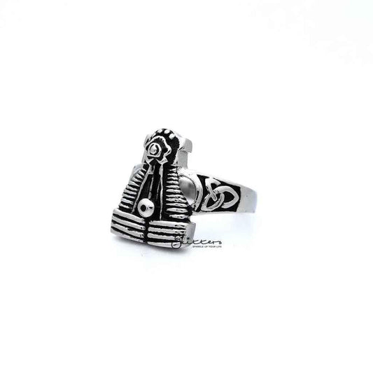 Men's antiqued stainless steel motorcycle engine casting rings by Glitters, featuring rugged, vintage-inspired design.