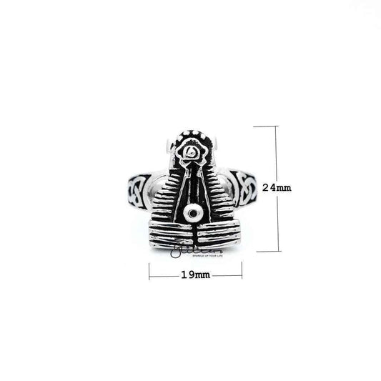 Men's antiqued stainless steel motorcycle engine casting rings by Glitters, featuring rugged, detailed metal design for motorcycle enthusiasts.