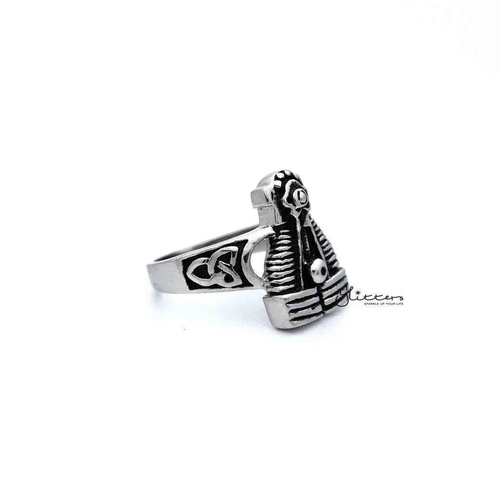 Men's antiqued stainless steel motorcycle engine casting rings by Glitters, showcasing detailed vintage-style steel rings.