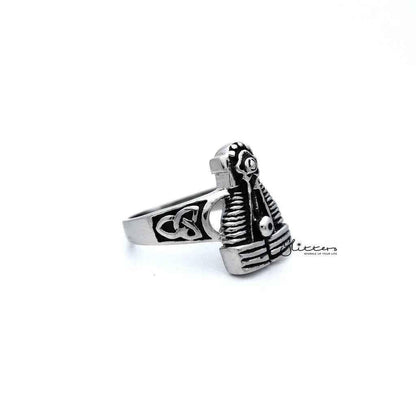 Men's antiqued stainless steel motorcycle engine casting rings by Glitters, showcasing detailed vintage-style steel rings.