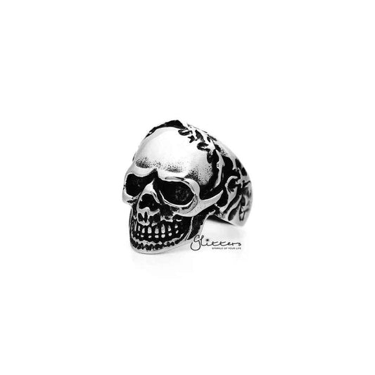 Men's stainless steel rings featuring antiqued skull casting design by Glitters, displayed on a neutral background.
