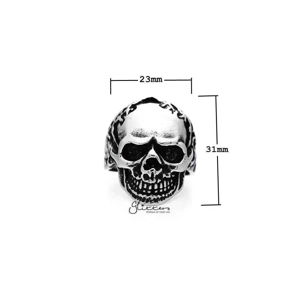 Men's antiqued stainless steel skull casting rings by Glitters, featuring detailed skull designs and a rugged metallic finish.