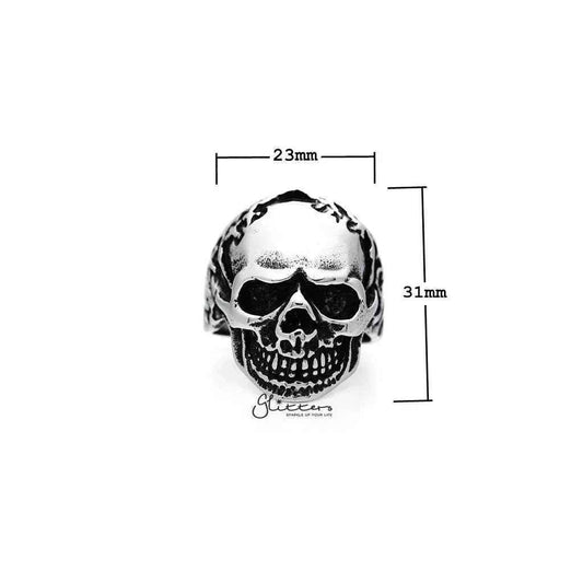 Men's antiqued stainless steel skull casting rings by Glitters, featuring detailed skull designs and a rugged metallic finish.