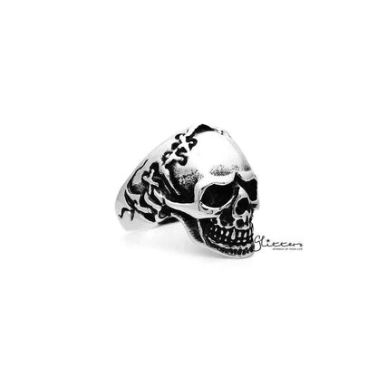 Men's stainless steel skull casting rings with antiqued finish, featuring detailed skull designs by Glitters.