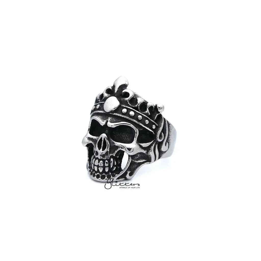 Men's antiqued stainless steel Skull King casting rings by Glitters, featuring detailed skull designs on durable stainless steel bands.