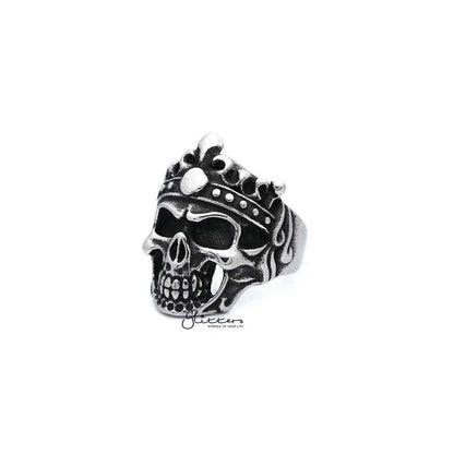 Men's antiqued stainless steel Skull King casting rings by Glitters, featuring detailed skull designs on durable stainless steel bands.